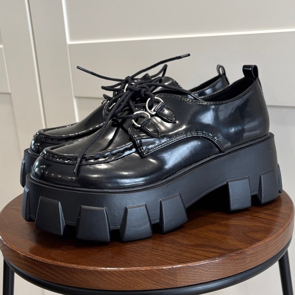 JustFab Shoes - Maxime Black Patent Platform Lug Lace-Up Shoes